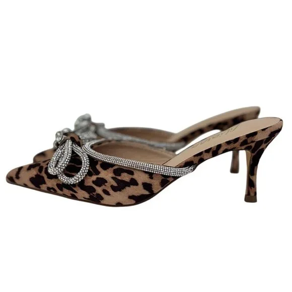 LILIANA / Romantic-1 Leopard Print / Pointed Toe Mules With Rhinestone Bow Embel - Picture 3 of 9